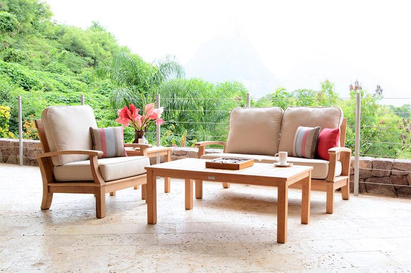 Deep seating tan outdoor sofa & chairs made from all-weather Sunbrella Fabric